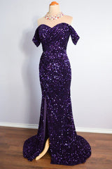Purple Sparkly Long Formal Dress Mermaid Off-Shoulder Slit