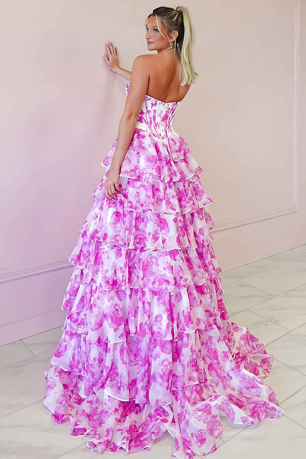 pink floral strapless evening gown