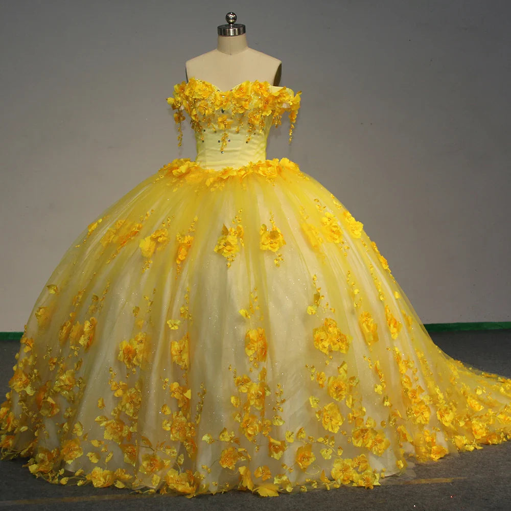 2025 New Off The Shoulder yellow Quinceanera Dress 3D Flower Ball Gowns