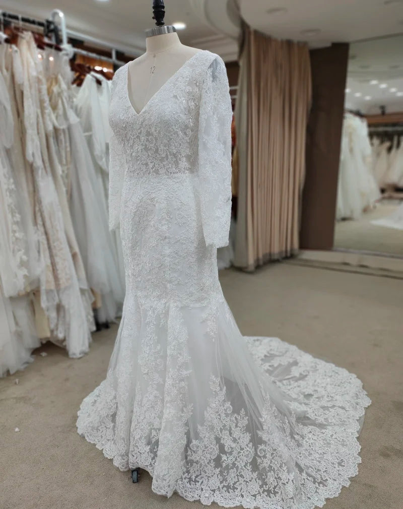 REAL Bohemian Simple Lace Wedding Dress V-Neck Long Sleeve - MyChicDress