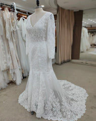 REAL Bohemian Simple Lace Wedding Dress V-Neck Long Sleeve