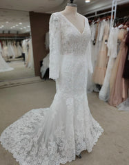 REAL Bohemian Simple Lace Wedding Dress V-Neck Long Sleeve