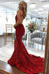 Red Mermaid Formal Dresses Sequins V Neck Long Prom Dresses 2024 MyChicDress