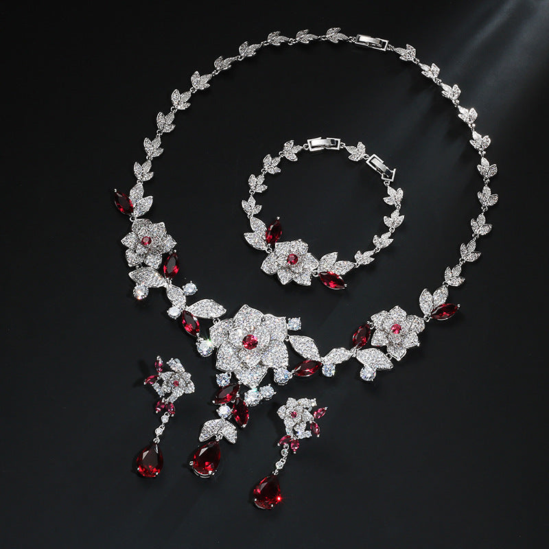 Emerald Green Flower Bracelet Necklace Jewelry Set