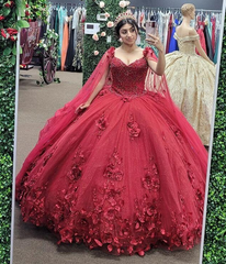 2024 Red 3D Flowers Quinceanera Dresses Sweetheart Beaded With Cape