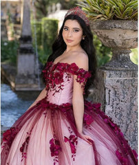 Red Lace Quinceanera Dress Off Shoulder Corset Vestidos De XV Años Pearls Flowers