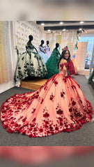 Red Lace Quinceanera Dresses Ball Gown Off shoulder Sweet 16 Party Dress