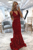 Red Mermaid Formal Dresses Sequins V Neck Long Prom Dress Crossed Back Sweeping