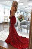 Red Mermaid Formal Dresses Sequins V Neck Long Prom Dress Crossed Back Sweeping