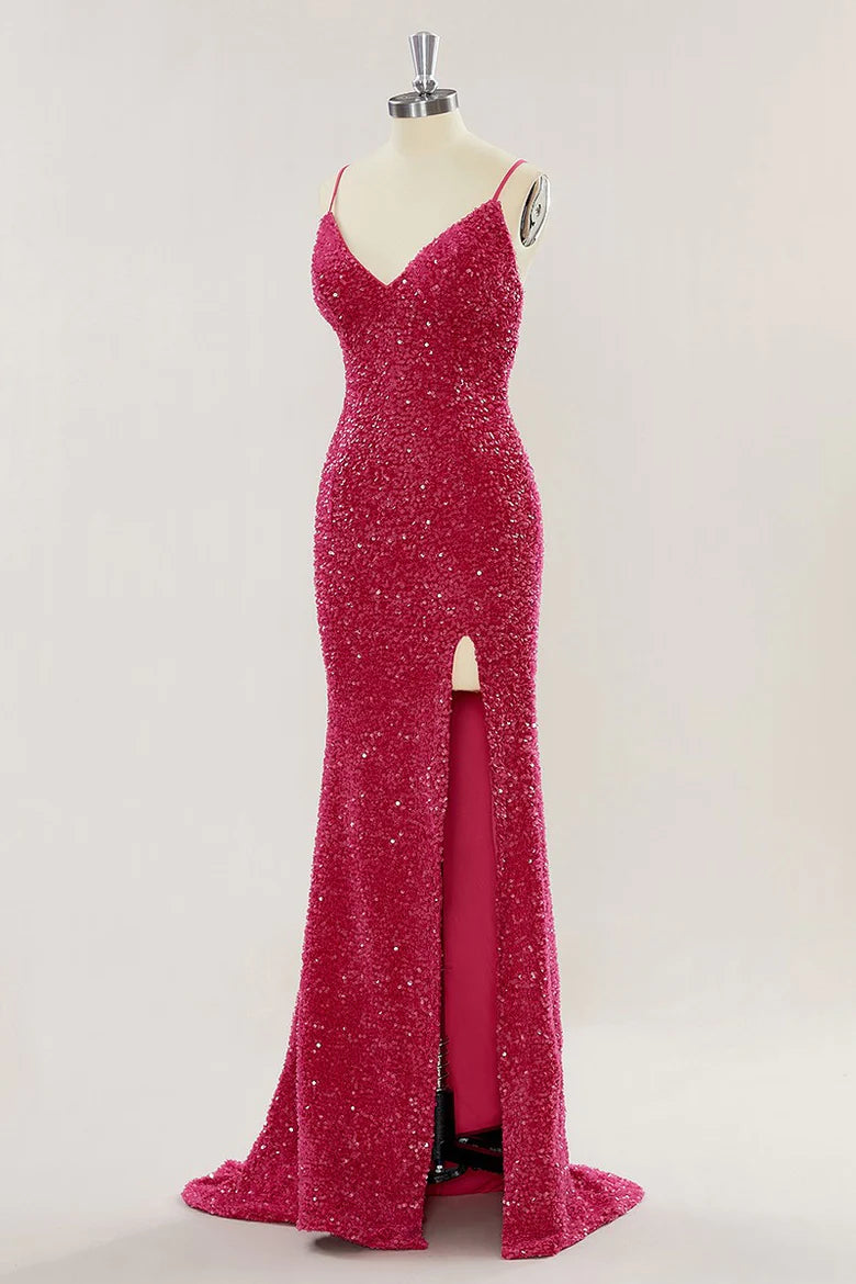 Custom Red Prom Dress Sequins Mermaid Long Evening Dress with Slit - MyChicDress