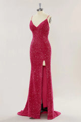 Custom Red Prom Dress Sequins Mermaid Long Evening Dress with Slit - MyChicDress