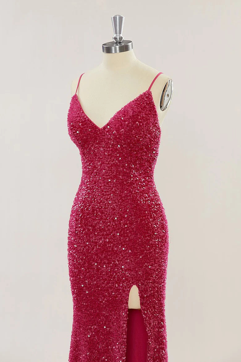 Custom Red Prom Dress Sequins Mermaid Long Evening Dress with Slit - MyChicDress