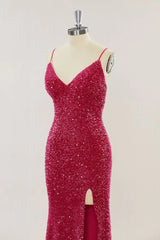Custom Red Prom Dress Sequins Mermaid Long Evening Dress with Slit - MyChicDress