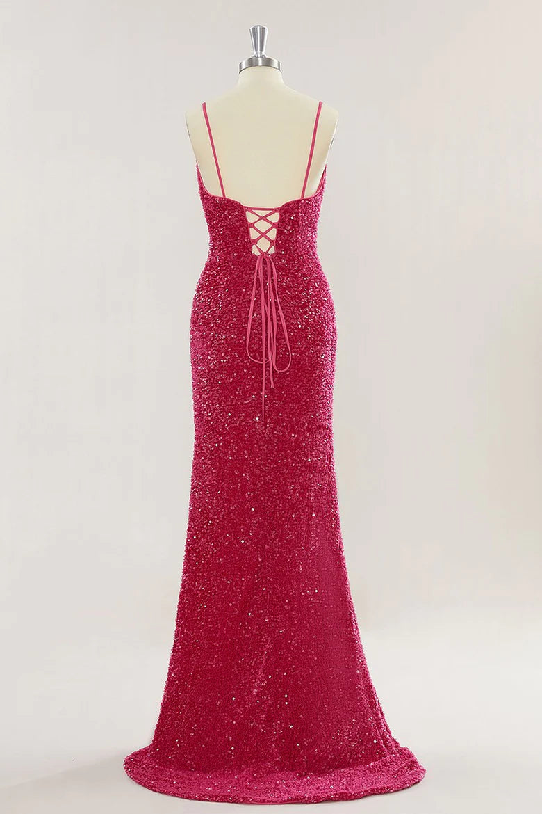 Custom Red Prom Dress Sequins Mermaid Long Evening Dress with Slit - MyChicDress