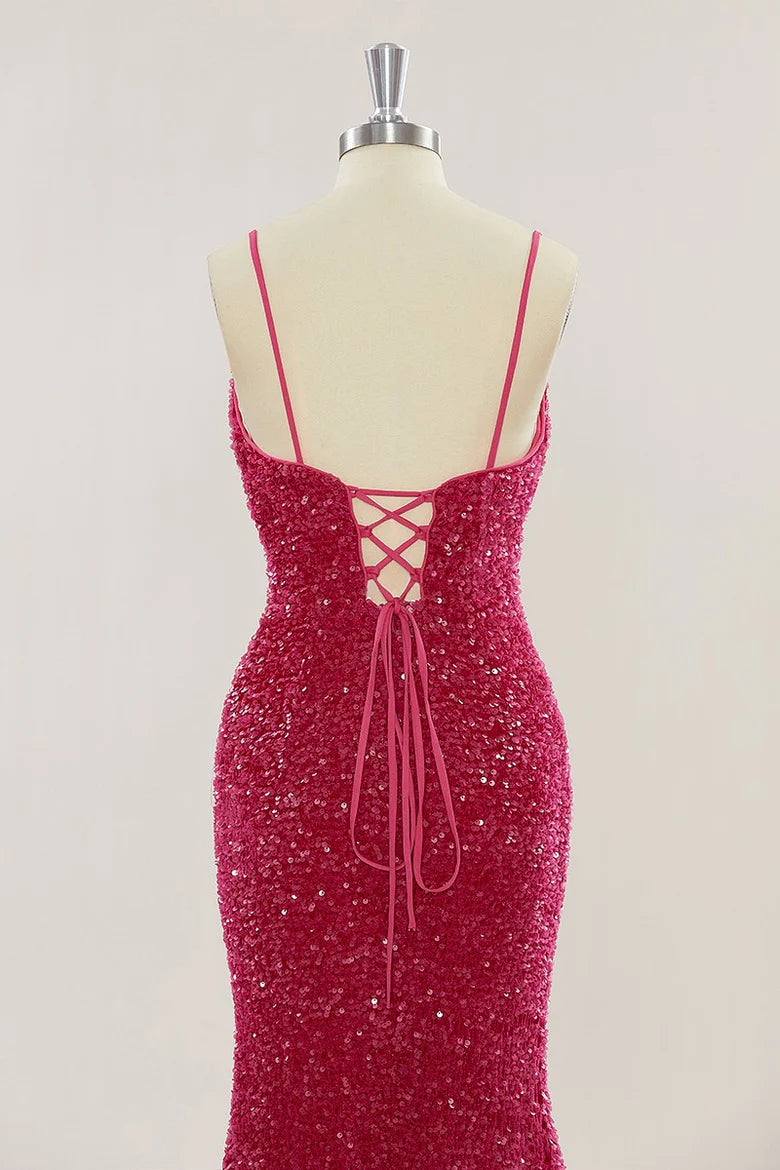 Custom Red Prom Dress Sequins Mermaid Long Evening Dress with Slit - MyChicDress