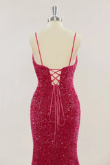 Custom Red Prom Dress Sequins Mermaid Long Evening Dress with Slit - MyChicDress