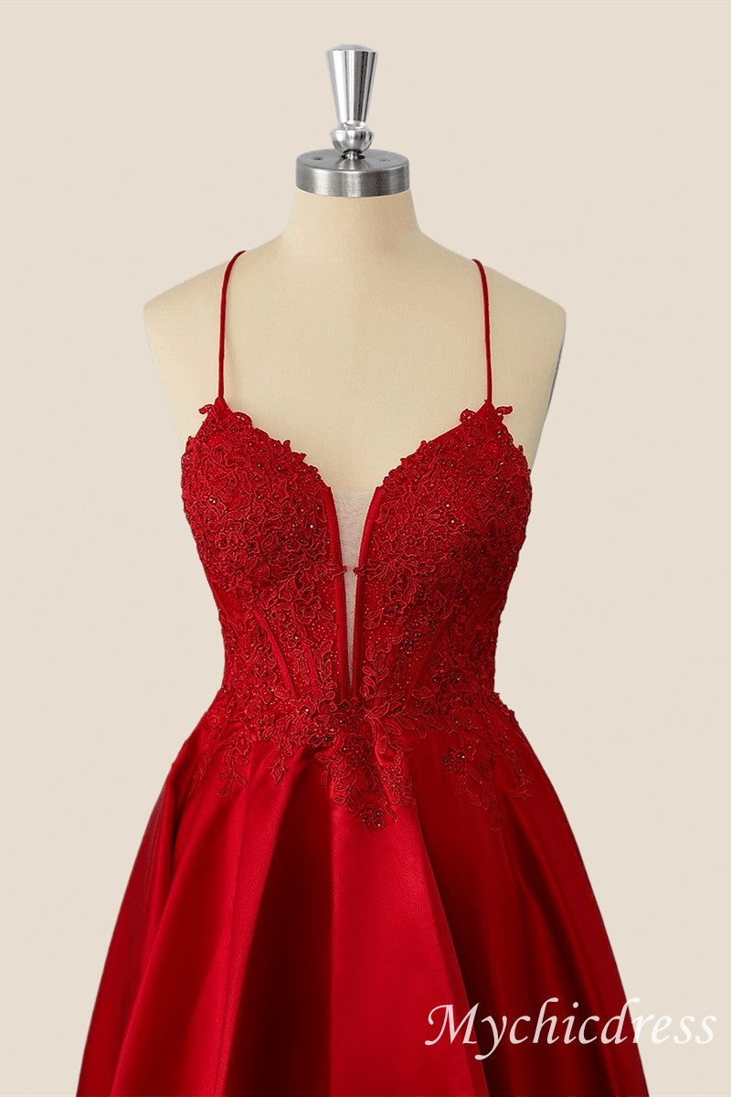 Red Short A-Line 2025 Homecoming Dress Lace Satin Appliques - MyChicDress