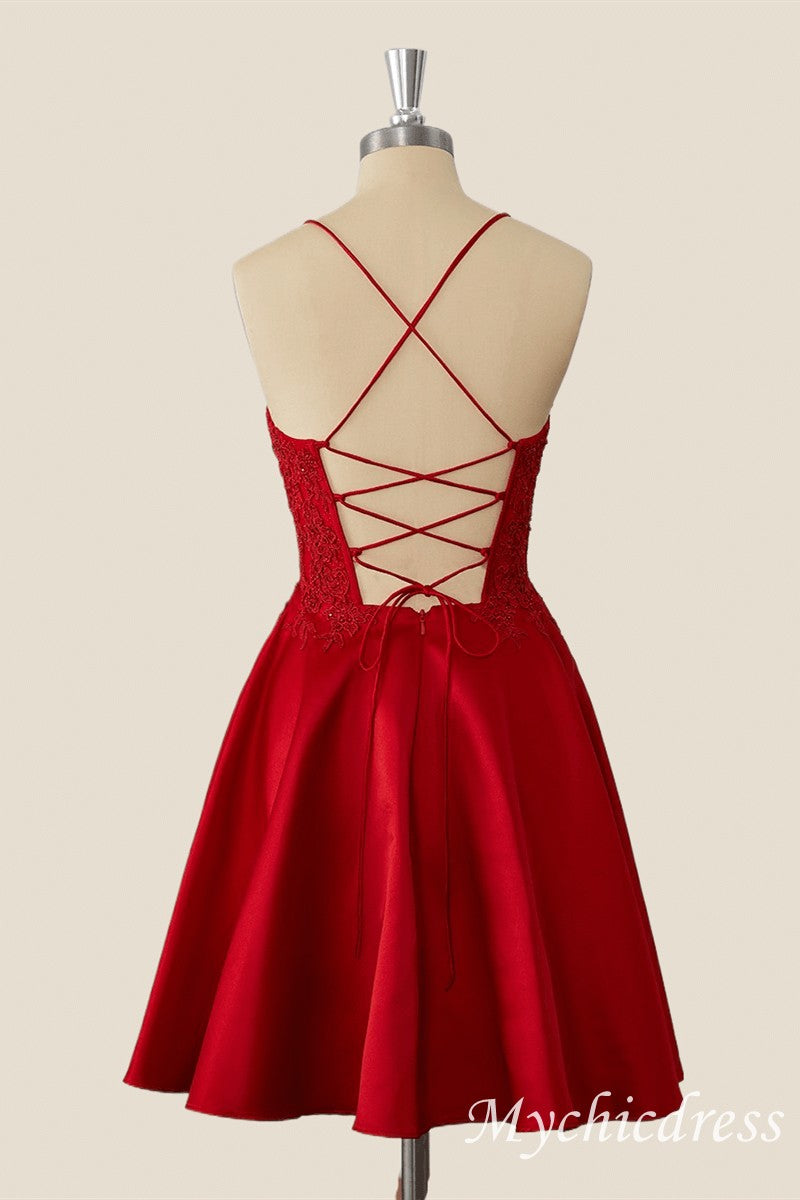 Red Short A-Line 2025 Homecoming Dress Lace Satin Appliques - MyChicDress
