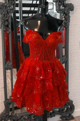 Red Straps Sequined Prom Dress Tulle Short Homecoming Dress Multi-Layers
