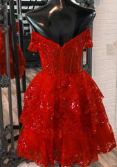 Red Straps Sequined Prom Dress Tulle Short Homecoming Dress Multi-Layers