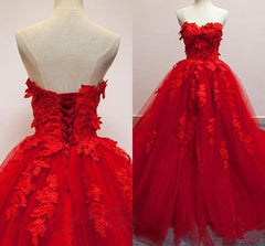 Red Sweetheart Prom Dresses Tulle Applique Ball Gown Quinceanera Dresses