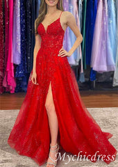 Red V Neck Lace Sequin Prom Dresses with split