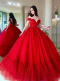 Red Wedding Dresses Lace Off Shoulder Beaded Tulle Long Quince Dresses Sequin