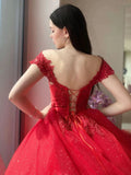 Red Wedding Dresses Lace Off Shoulder Beaded Tulle Long Quince Dresses Sequin