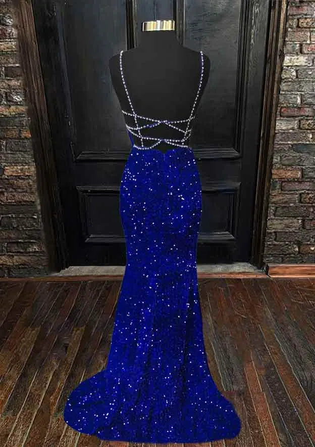 Royal Blue Sequin Evening dress Mermaid Prom Dresses Spaghetti Straps