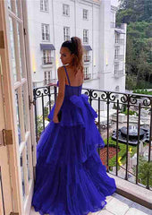 2024 Royal Blue Evening Formal Dresses Layered Tulle Long Prom Dresses A-Line