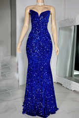 Royal Blue Iridescent Graduation Dress Strapless Sequined Formal Dress