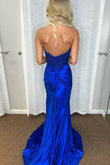 Royal Blue Mermaid Strapless Prom Dress 2025 Lace Applique High Slit Pleated - MyChicDress