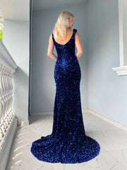 Royal Blue Velvet Sequin Prom Dresses V Neck Mermaid Slit Women Dress