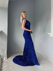 Royal Blue Velvet Sequin Prom Dresses V Neck Mermaid Slit Women Dress