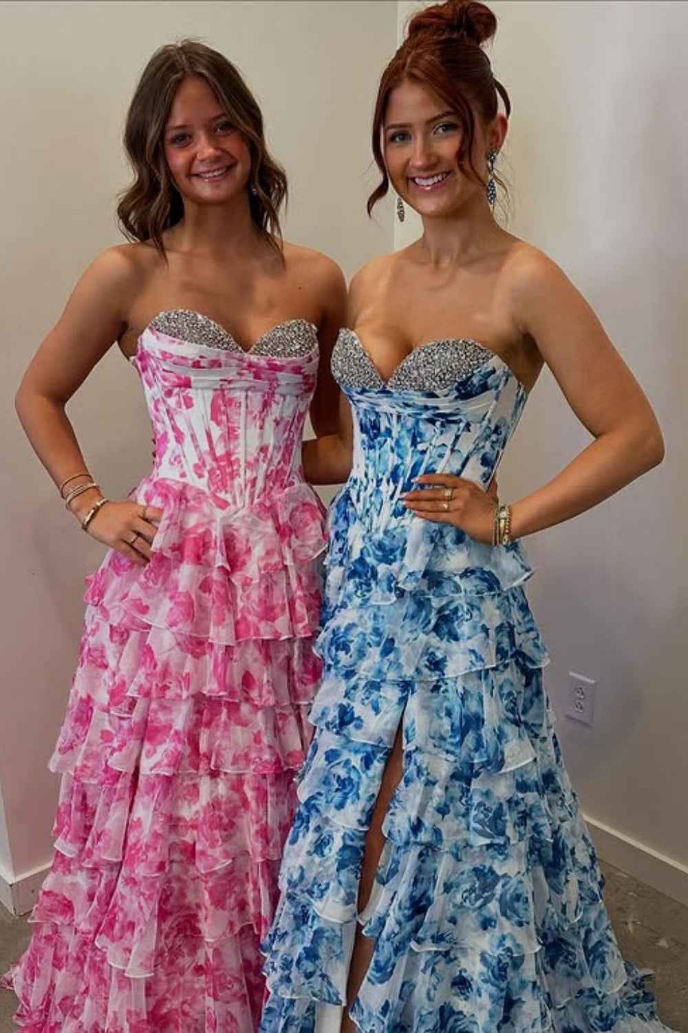 Ruffle Floral Prom Dress Corset Beaded Sweetheart with Slit