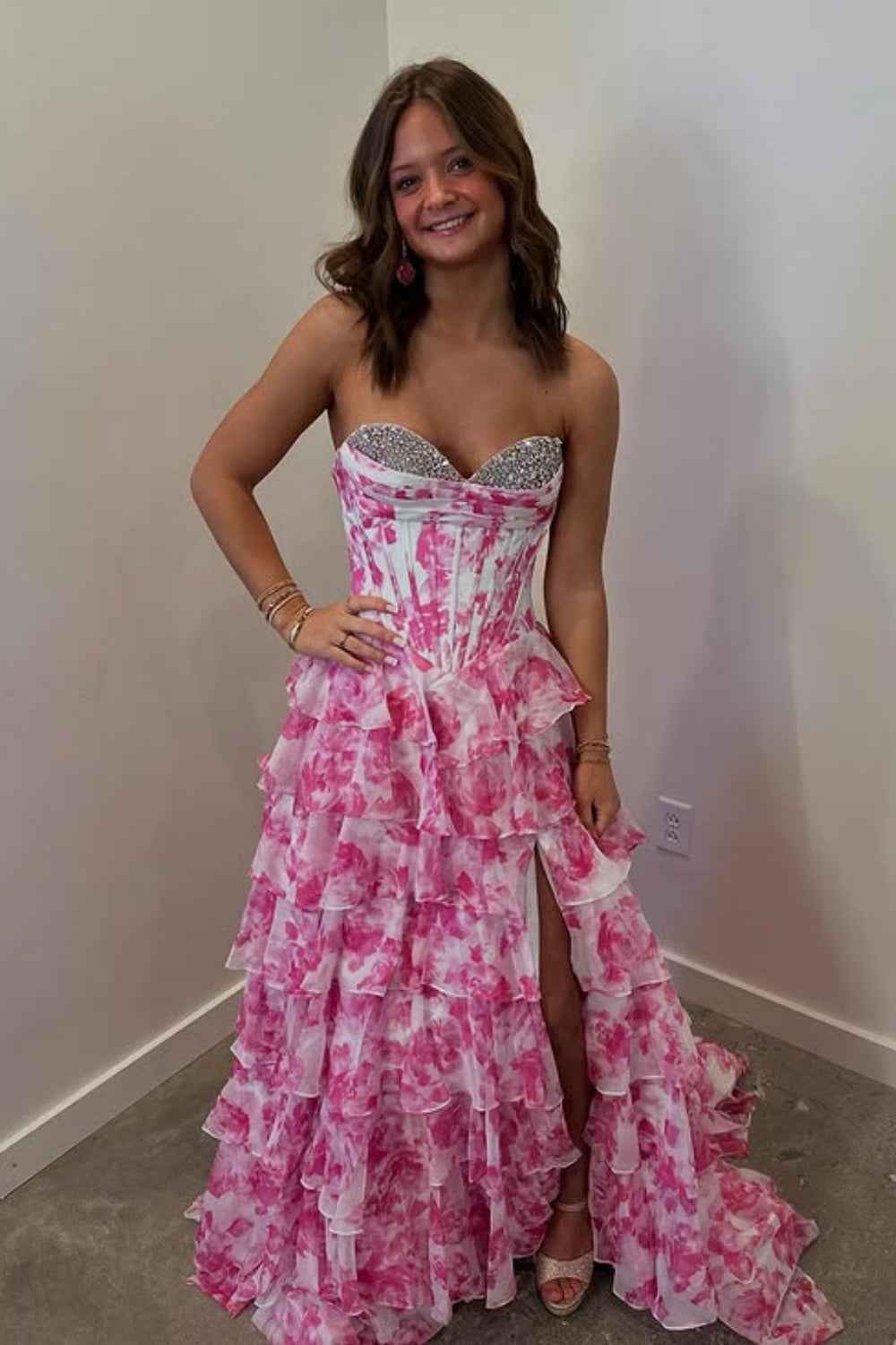 Pink Floral Prom Dress Corset Beaded Sweetheart with Slit