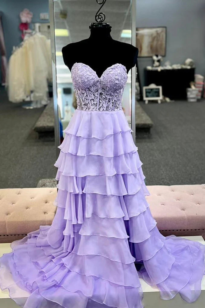 A-Line Long Corset Royal Blue Tiered Formal Dresses - MyChicDress