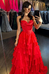 Ruffles Strapless Tiered prom Dress red Lace Chiffon Split