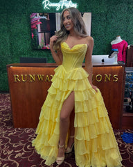 Ruffles Strapless Tiered prom Dress Yellow Lace Chiffon Split Mychicdress