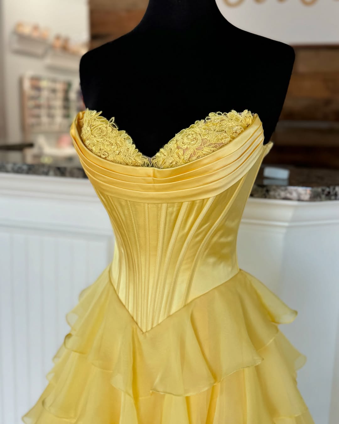 Ruffles Strapless Tiered prom Dress Yellow Lace Chiffon Split Mychicdress