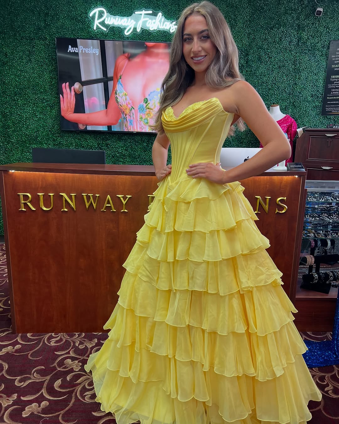 Ruffles Strapless Tiered prom Dress Yellow Lace Chiffon Split Mychicdress