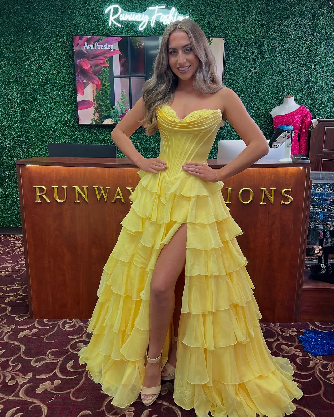 Ruffles Strapless Tiered prom Dress Yellow Lace Chiffon Split Mychicdress