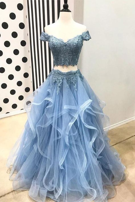 Ruffles Two Pieces Blue Lace Prom Dress Off Shoulder - MyChicDress