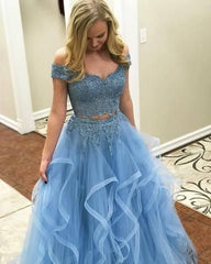 Ruffles Two Pieces Blue Lace Prom Dress Off Shoulder