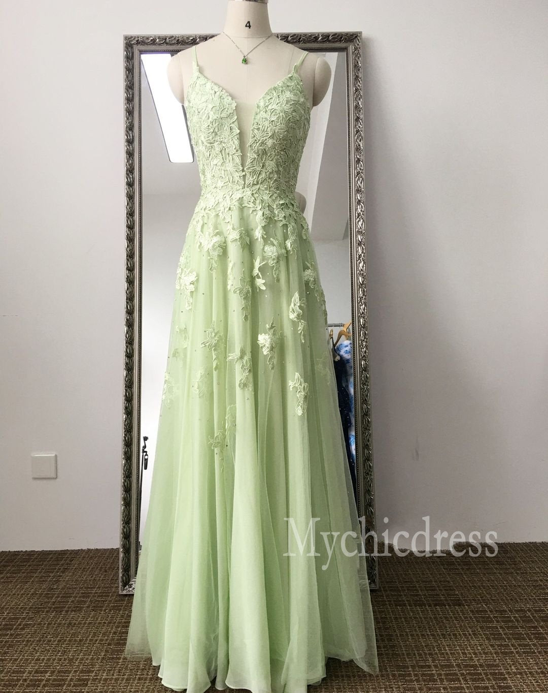 Custom Made Lace Sage Green Long Formal Dresses A Line – MyChicDress