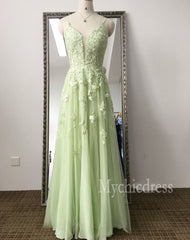 Custom Made Lace Sage Green Long Formal Dresses A Line