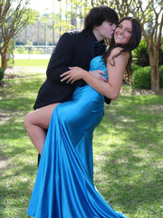 Satin Blue Corset Formal Prom Dresses with Beaded - MyChicDress