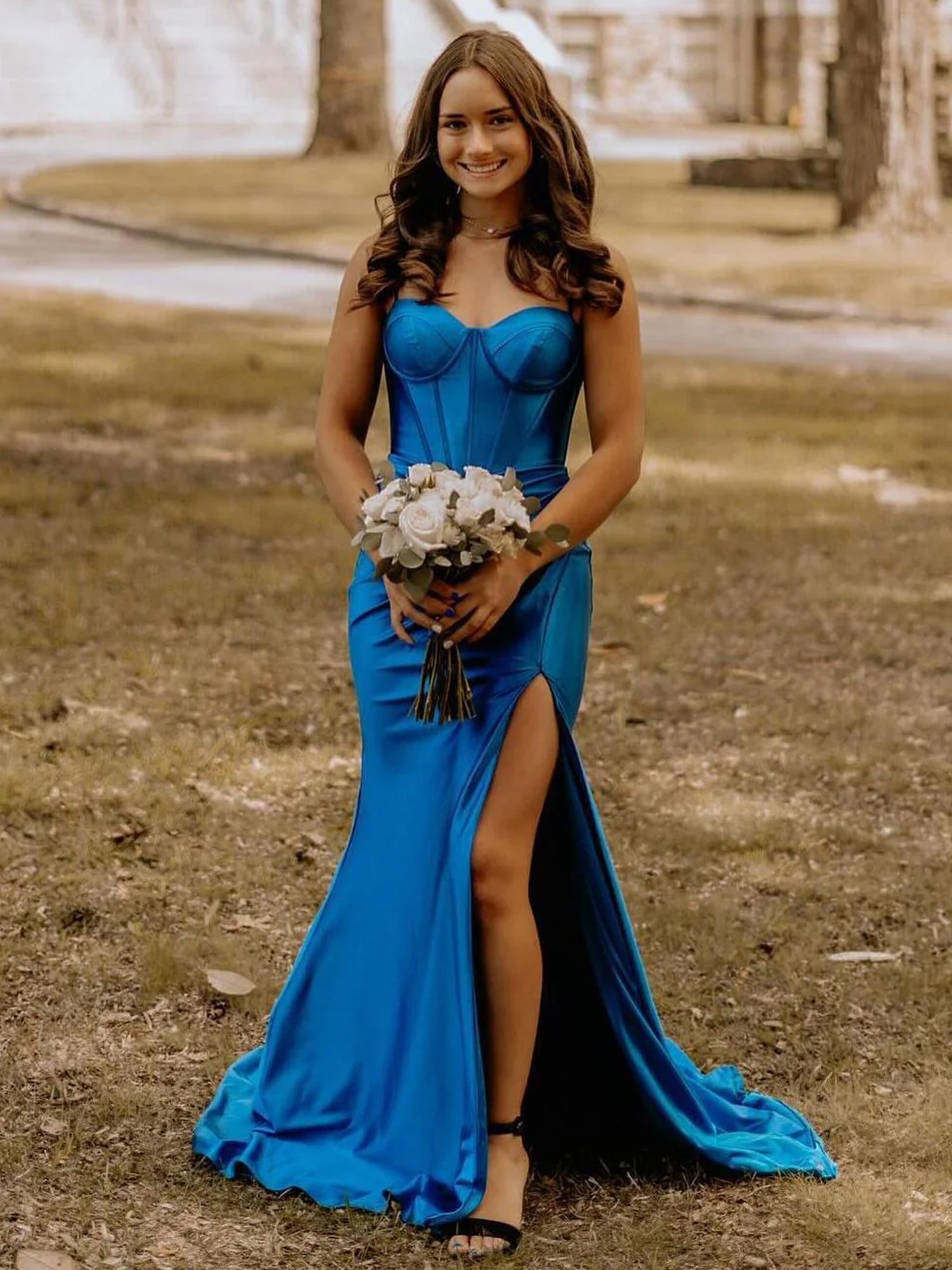 Satin Blue Corset Formal Wedding Guest Dresses Long Mermaid with slit - MyChicDress