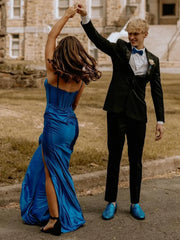 Satin Blue Corset Formal Wedding Guest Dresses Long Mermaid with slit - MyChicDress