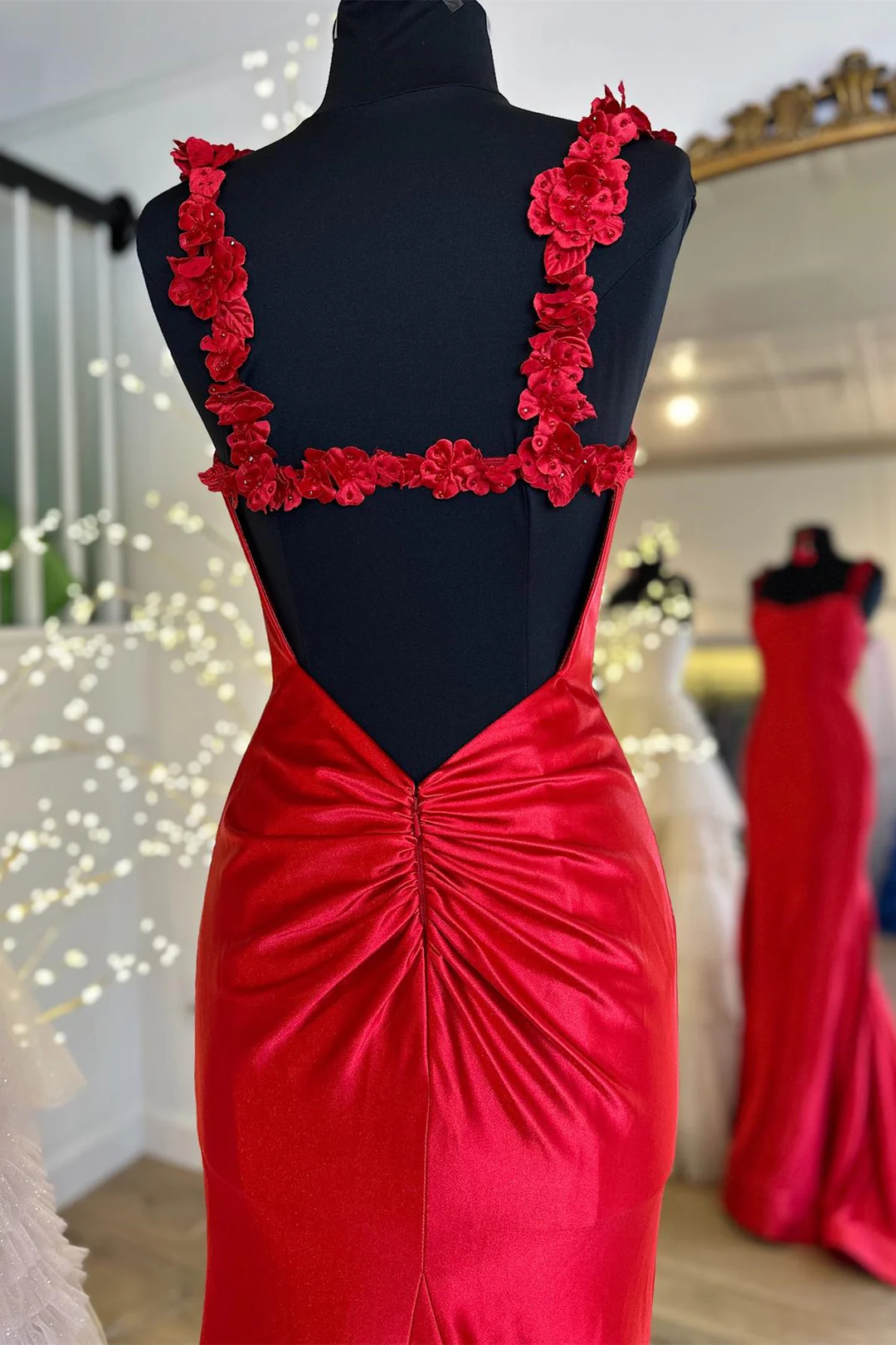 Satin Long Prom Dress Red Mermaid with Flower Straps - MyChicDress